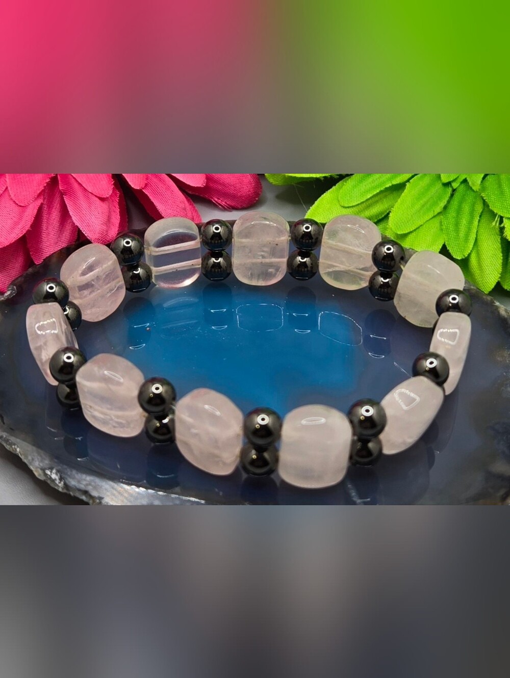 Pink Jadeite (Jade) & Hematite Bracelet Stretch Sz 6½ - 7 See Call Out